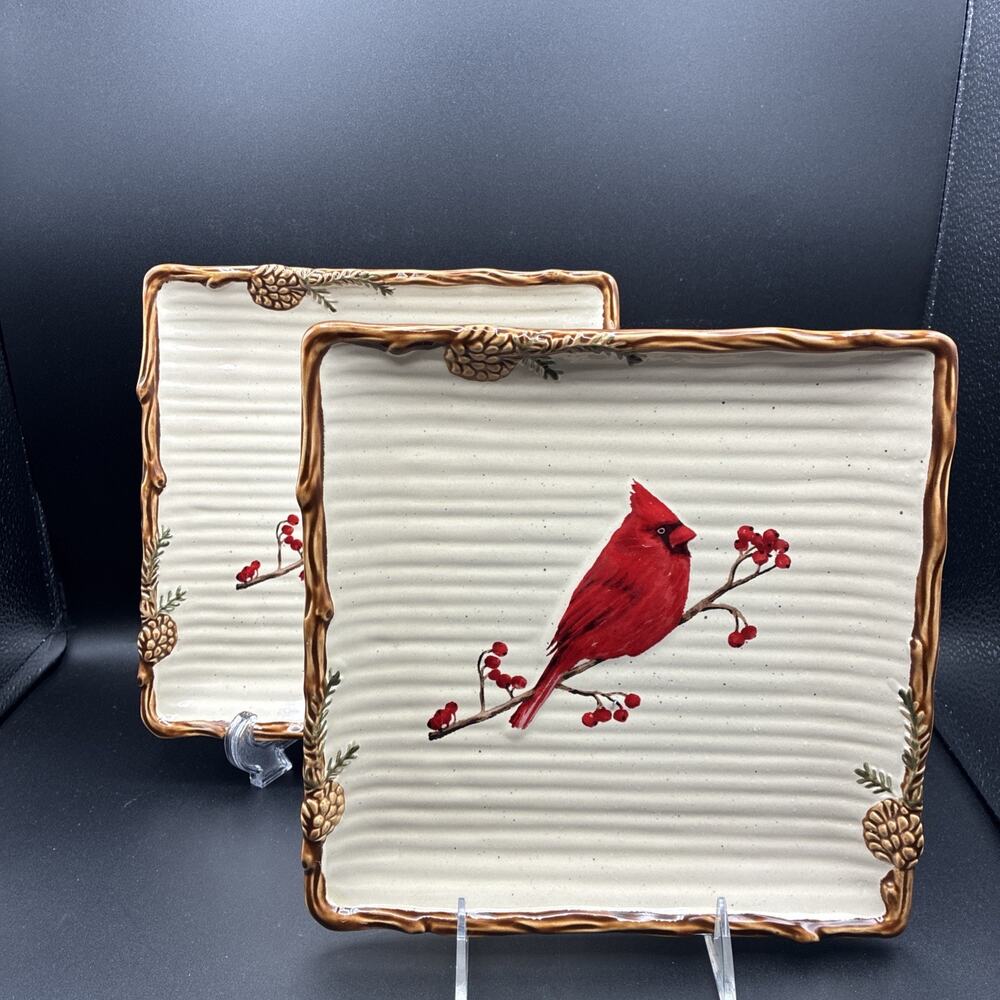 St Nicholas Square Snow Valley 8-3/4 Salad Plate Cardinal Pine Cone Bough Bark